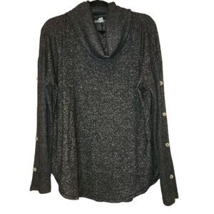 Peace & Pearls Black Cowl Neck Tunic Sweater Size L Long Sleeves Button Detail